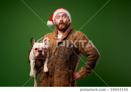Man in santa hat with bulldog in glasses on empty green background 59943548