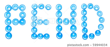 Sign designation blue plastic jars on a white background the word PEHD, High density polyethylene, isolate, recycling code Sign designation blue plastic jars on a white background the word PEHD, High density polyethylene, isolate, recycling code 59944034