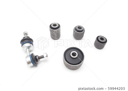 Set of silent blocks and stabilizer rod for car suspension on a white background, isolate, industrial 59944203
