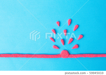 Torn vein on a blue background with blood. The concept of medical diseases. Vein aneurysm, stroke and heart attack, blue background, copy space Torn vein on a blue background with blood. The concept of medical diseases. Vein aneurysm, stroke and heart attack, blue background, copy space 59945010