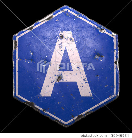 Public road sign in blue color with a capitol white letter A in the center isolated black background. 3d Public road sign in blue color with a capitol white letter A in the center isolated black background. 3d 59946984