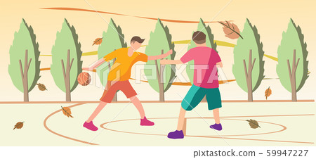 Two men play basketball on the court with tree on Two men play basketball on the court with tree on 59947227