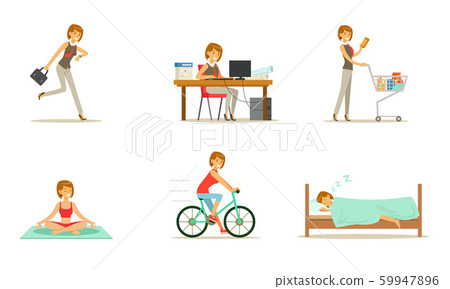 Life style and daily routine of a working woman. Set of vector illustrations. Life style and daily routine of a working woman. Set of vector illustrations. 59947896