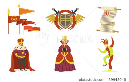 People in medieval clothes. Coat of arms, scroll and flags. Set of vector illustrations. 59948046