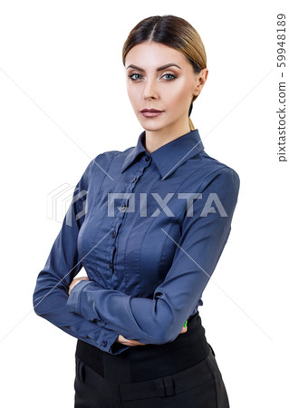 Business woman in blue shirt and with ccrossed hands. Business woman in blue shirt and with ccrossed hands. 59948189