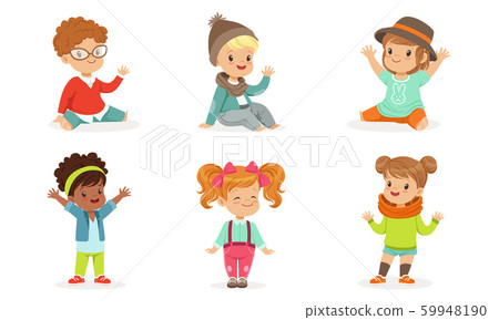 Set Of Pretty Toddlers In Colorful Wears In Motion Vector Illustration Set Cartoon Character 59948190