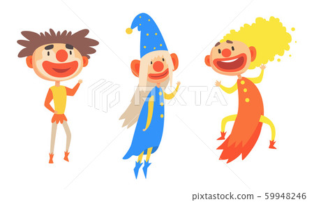 Three Cheerful Holidays Clowns In Colorful Clothes And Hats Vector Illustration Set Cartoon Character 59948246