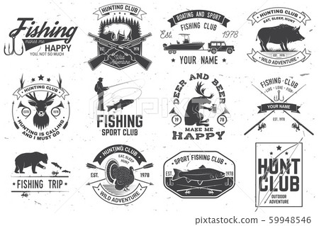 Set of hunting club and fishing club badges. Vector. Concept for shirt, stamp, tee. Design with hunting gun, bear, turkey , deer, camping tent, fish rod, bear. Outdoor adventure club emblem Set of hunting club and fishing club badges. Vector. Concept for shirt, stamp, tee. Design with hunting gun, bear, turkey , deer, camping tent, fish rod, bear. Outdoor adventure club emblem 59948546