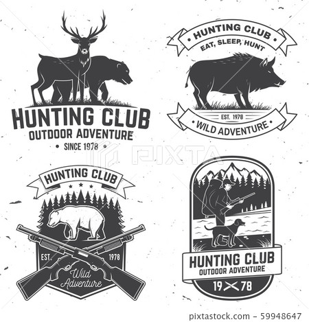 Set of Hunting club badge. Vector Concept for shirt, print, stamp. Vintage typography design with hunting gun, boar, hunter, bear, deer, mountains and forest. Outdoor adventure hunt club emblem