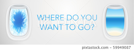 Airplane porthole vector template (flight concept) with winter frost pattern on aircraft window and ocean beach view. Plane banner design for tourism agency with creative travel background Airplane porthole vector template (flight concept) with winter frost pattern on aircraft window and ocean beach view. Plane banner design for tourism agency with creative travel background 59949087