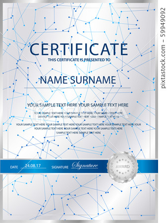Certificate vertical vector template background. Formal secured Guilloche pattern for Diploma, deed, certificate of appreciation, achievemen. Silver seal, emblem 59949092