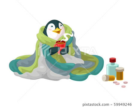 Penguin in blanket with mug hot tea and drugs. Recovers for cold 59949246