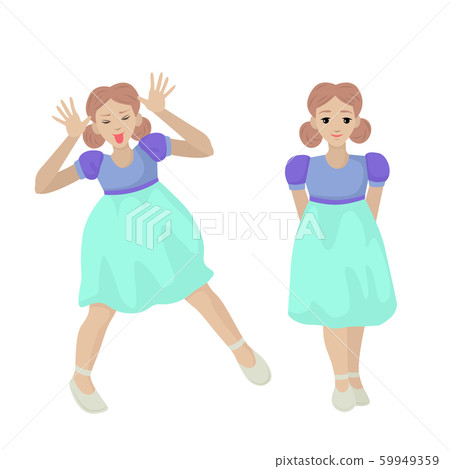 A girl in two poses. Having fun and jumping. The girl stands quietly and smiles. Vector illustration of character. 59949359