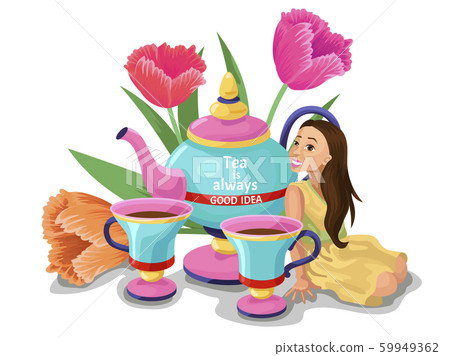Tea-things, teapot and cups of tea, girl sit at tea ceremony or brunch. Vector illustration Tea-things, teapot and cups of tea, girl sit at tea ceremony or brunch. Vector illustration 59949362