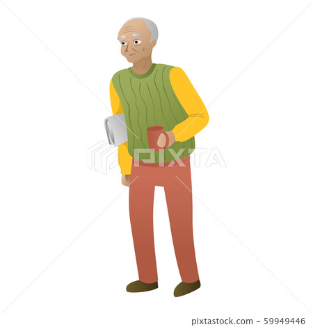 Grandfather is old man standing in newspaper and cup of tea. Retiree. Vector isolated character. 59949446