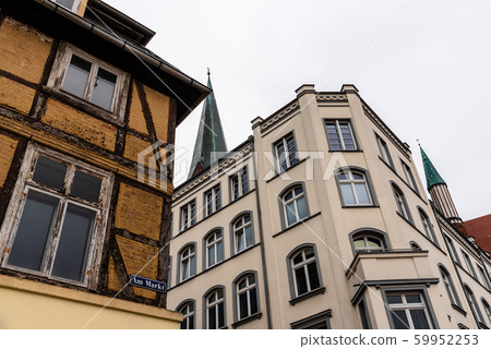 Typical houses in historic centre of Schwerin in Germany. Am Markt square Typical houses in historic centre of Schwerin in Germany. Am Markt square 59952253