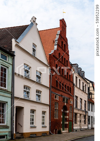Street view of old gable houses in the old city centre of Wismar. Germany 59952299