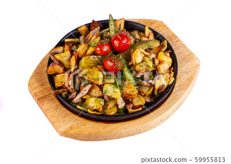 Fried potatoes with meat, served in a pan Fried potatoes with meat, served in a pan 59955813