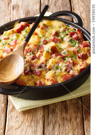 Tasty American breakfast strata with ham, bread, 59956030