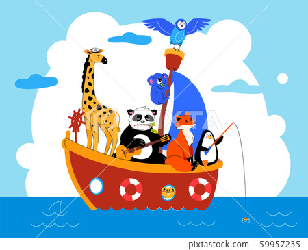 Cute animals in boat in sea waters flat vector illustration 59957235