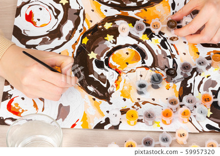 Drawing by numbers with acrylic paints. 59957320