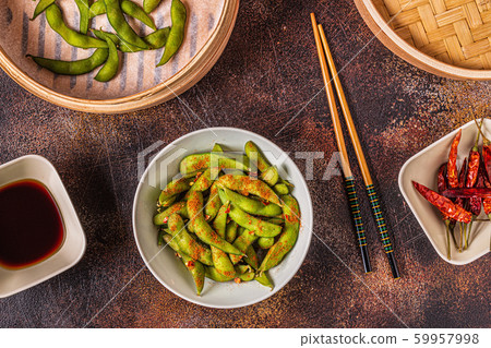 Cooked green edamame, japanese food. Cooked green edamame, japanese food. 59957998