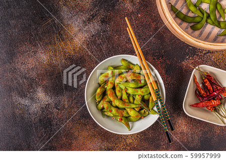 Cooked green edamame, japanese food. Cooked green edamame, japanese food. 59957999