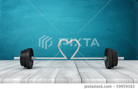 3d rendering of barbell with its bar bent in shape of heart in the middle, on wooden surface near blue wall. 59959383