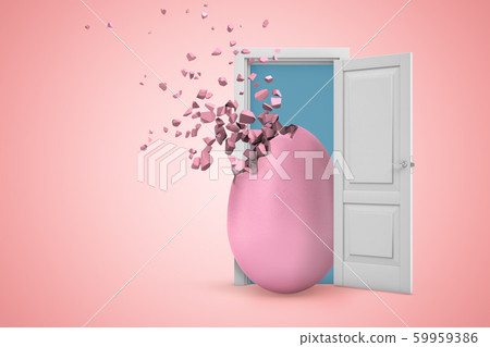 3d rendering of a white open doorway with pink egg shattering into pieces on light pink background 3d rendering of a white open doorway with pink egg shattering into pieces on light pink background 59959386
