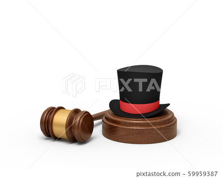 3d rendering of black top hat with red ribbon on sounding block with judge gavel lying beside. 3d rendering of black top hat with red ribbon on sounding block with judge gavel lying beside. 59959387
