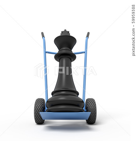 3d close-up rendering of black chess king on blue hand truck. 3d close-up rendering of black chess king on blue hand truck. 59959388