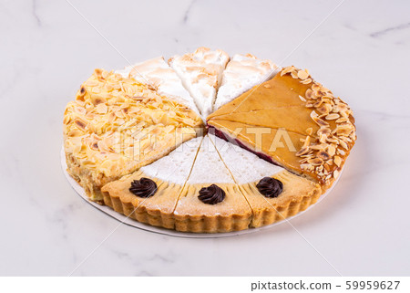 Separate cakes: nut-caramel, almond, Swiss cherry and lemon with merengue 59959627