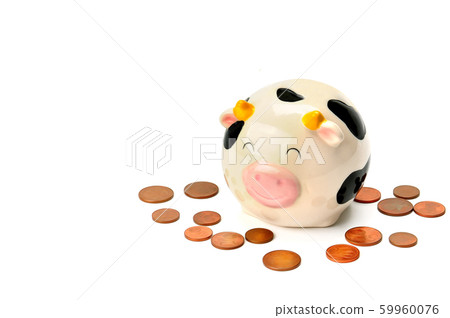 Pink piggy bank and coins, isolated on white 59960076