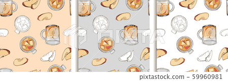 Set of hand drawn vector seamless patterns with popular hot winter drinks. Apple cider. Print for New Year design. Colorful endless texture. Menu decoration. Cover for planner, notebook, cookbook 59960981