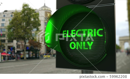 ELECTRIC ONLY text on green traffic light signal. Electric transport related conceptual 3D rendering ELECTRIC ONLY text on green traffic light signal. Electric transport related conceptual 3D rendering 59962208