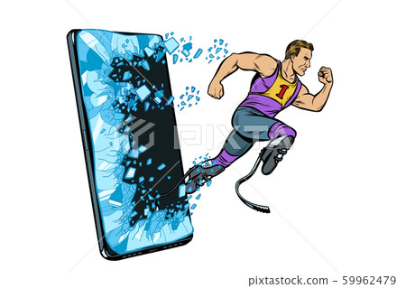 legless male athlete running with a prosthetic Phone gadget smartphone. Online Internet application service program legless male athlete running with a prosthetic Phone gadget smartphone. Online Internet application service program 59962479