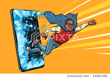 Old african man superhero punches the screen Phone gadget smartphone. Online Internet application service program Old african man superhero punches the screen Phone gadget smartphone. Online Internet application service program 59962496