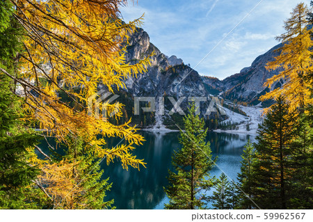 Autumn peaceful alpine lake Braies or Pragser Autumn peaceful alpine lake Braies or Pragser 59962567