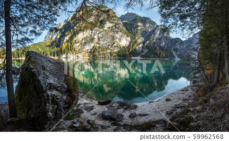 Autumn peaceful alpine lake Braies or Pragser Autumn peaceful alpine lake Braies or Pragser 59962568
