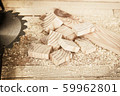 pieces of wood with saw blade on the boards background 59962801
