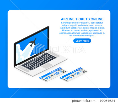 Airline tickets online. Buying or booking online ticket. Travel, business flights worldwide. Vector illustration 59964684