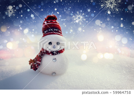 Merry snowman standing in a winter night Christmas landscape. Merry Christmas and Happy New Year Greeting Card Merry snowman standing in a winter night Christmas landscape. Merry Christmas and Happy New Year Greeting Card 59964758