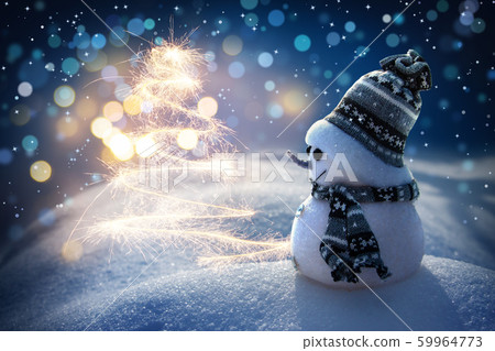 Merry snowman standing in a winter night Christmas landscape. Merry Christmas and Happy New Year Greeting Card Merry snowman standing in a winter night Christmas landscape. Merry Christmas and Happy New Year Greeting Card 59964773