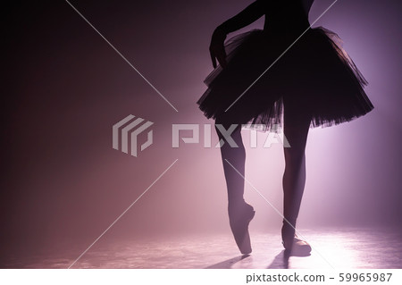 Silhouette of ballerina legs in tutu dress. Ballet performance on dark stage Silhouette of ballerina legs in tutu dress. Ballet performance on dark stage 59965987