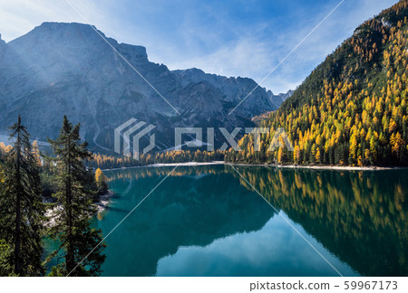 Autumn peaceful alpine lake Braies or Pragser 59967173
