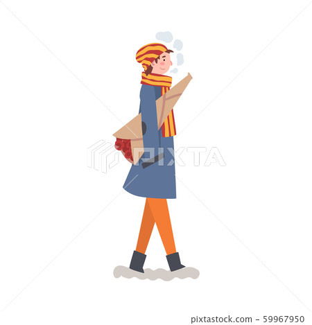 Man in Winter Clothing Walking with Bouquet of Flowers, Giving Christmas Present Vector Illustration Man in Winter Clothing Walking with Bouquet of Flowers, Giving Christmas Present Vector Illustration 59967950
