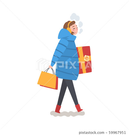 Smiling Girl in Winter Clothing Walking with Gift Box and Shopping Bag, Girl Doing Christmas Shopping to Prepare for Christmas and Giving Presents, Festive Mood Vector Illustration Smiling Girl in Winter Clothing Walking with Gift Box and Shopping Bag, Girl Doing Christmas Shopping to Prepare for Christmas and Giving Presents, Festive Mood Vector Illustration 59967951