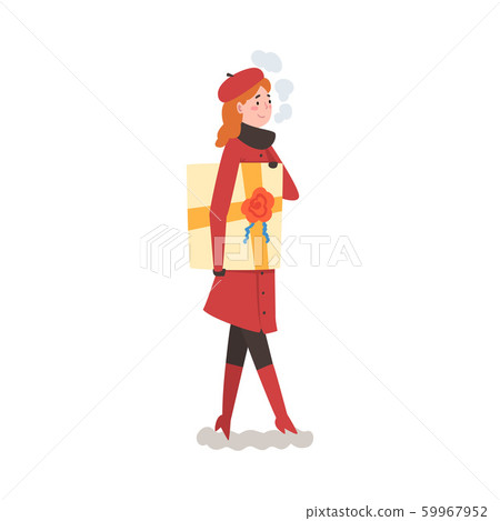 Girl in Winter Clothing Holding Gift Box, Young Woman Preparing for Christmas and Giving Present Vector Illustration Girl in Winter Clothing Holding Gift Box, Young Woman Preparing for Christmas and Giving Present Vector Illustration 59967952