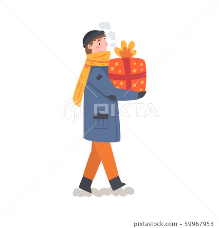 Boy in Winter Clothing Holding Gift Box, Boy Preparing for Christmas and Giving Present Vector Illustration Boy in Winter Clothing Holding Gift Box, Boy Preparing for Christmas and Giving Present Vector Illustration 59967953