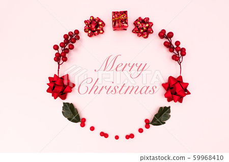 Christmas wreath on pink background. Christmas decoration. Flat lay, top view, copy space 59968410